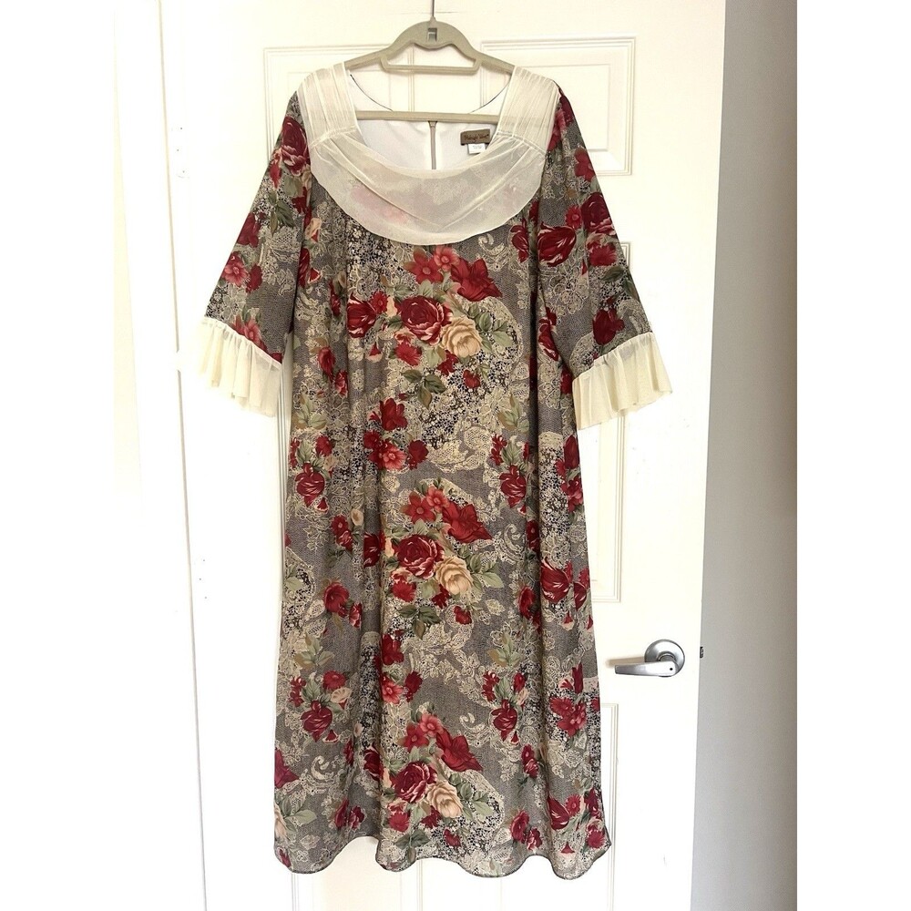 VTG Midnight Velvet 90s Rose Floral Maxi Dress Portrait Collar Romantic Sz 20W